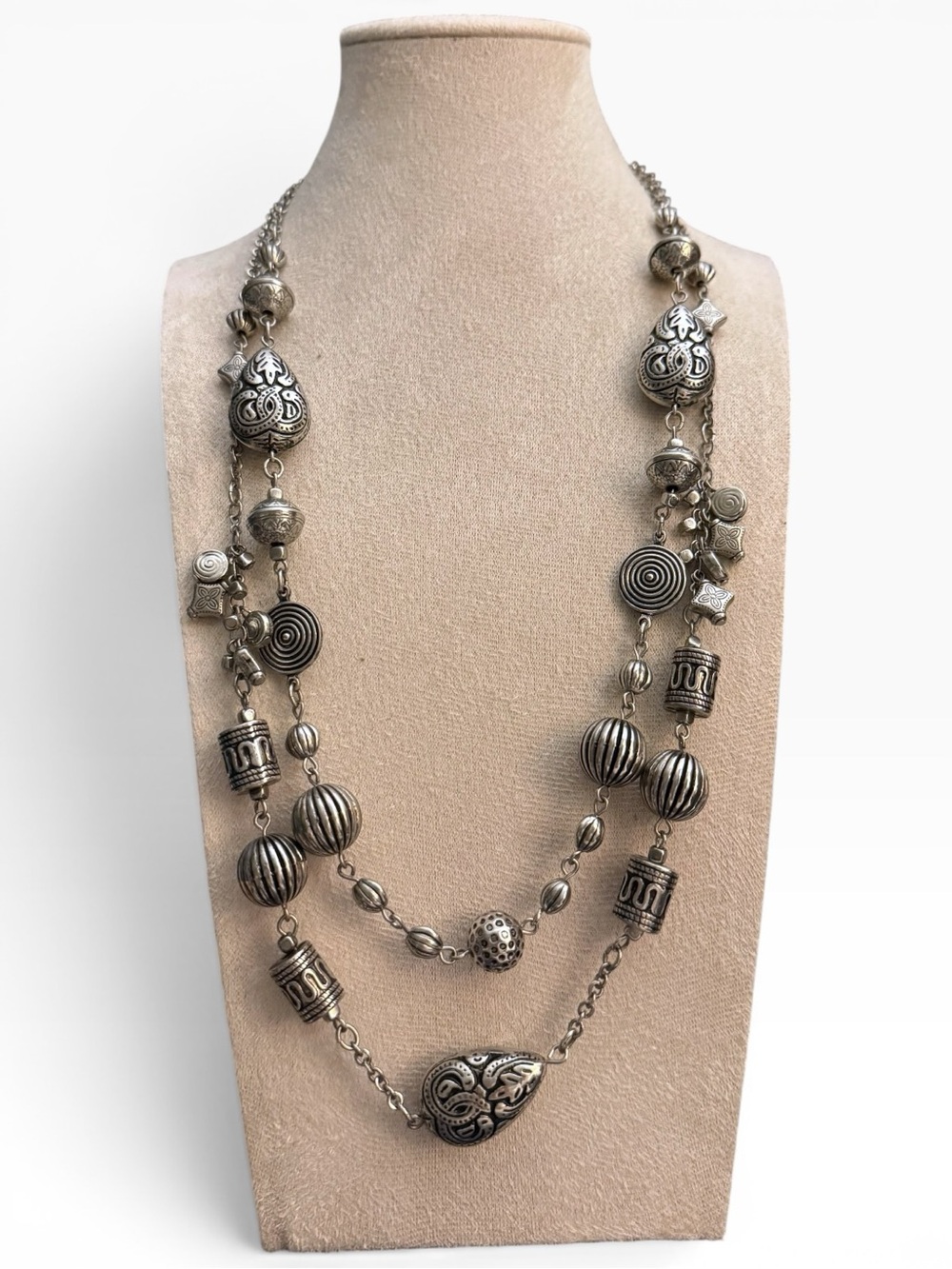 Chico's Silver-Tone Layered Ornate Bead Necklace